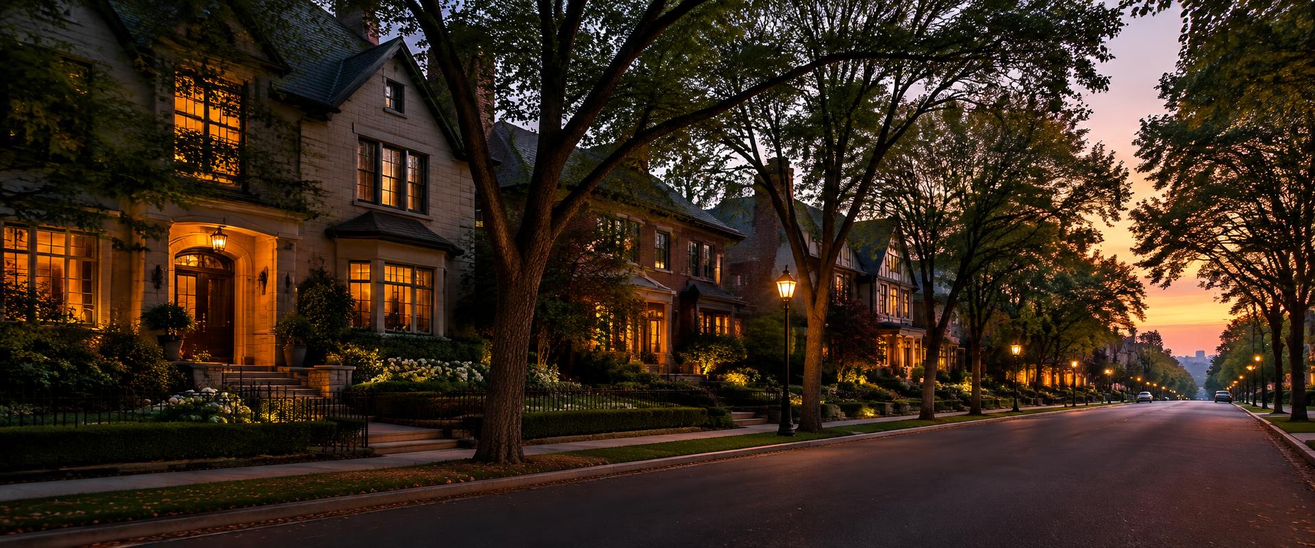 Tree-lined residential street at dusk with lit homes