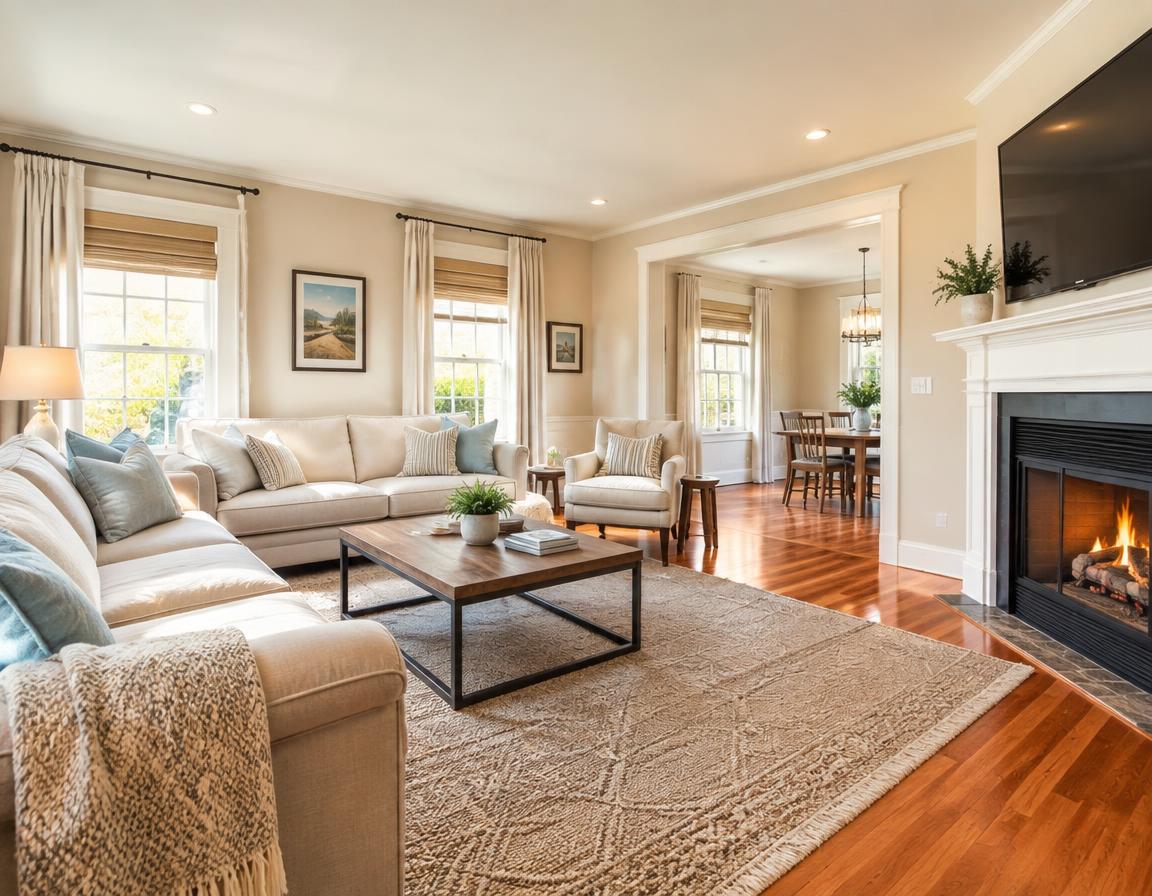 Sunlit living room with hardwood floors