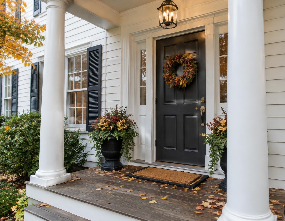Front door of a white colonial home with autumn wreath